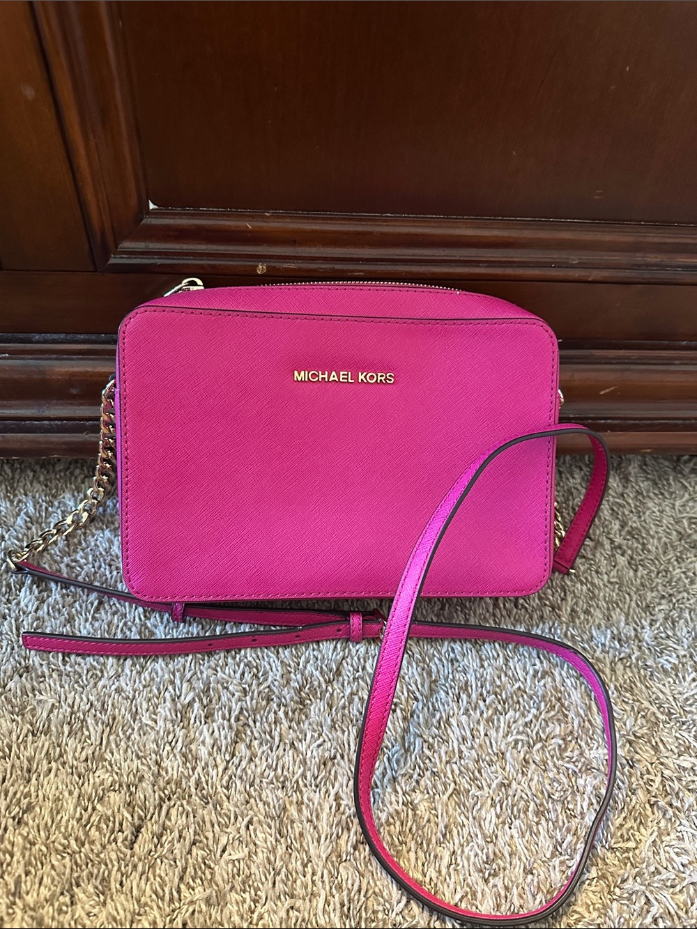 Michael Kors Hot Pink Saffiano Leather Crossbody with Gold Accents
